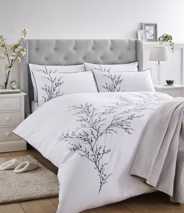 Pussy Willow Sprig Embroidered Midnight Bedding - Single